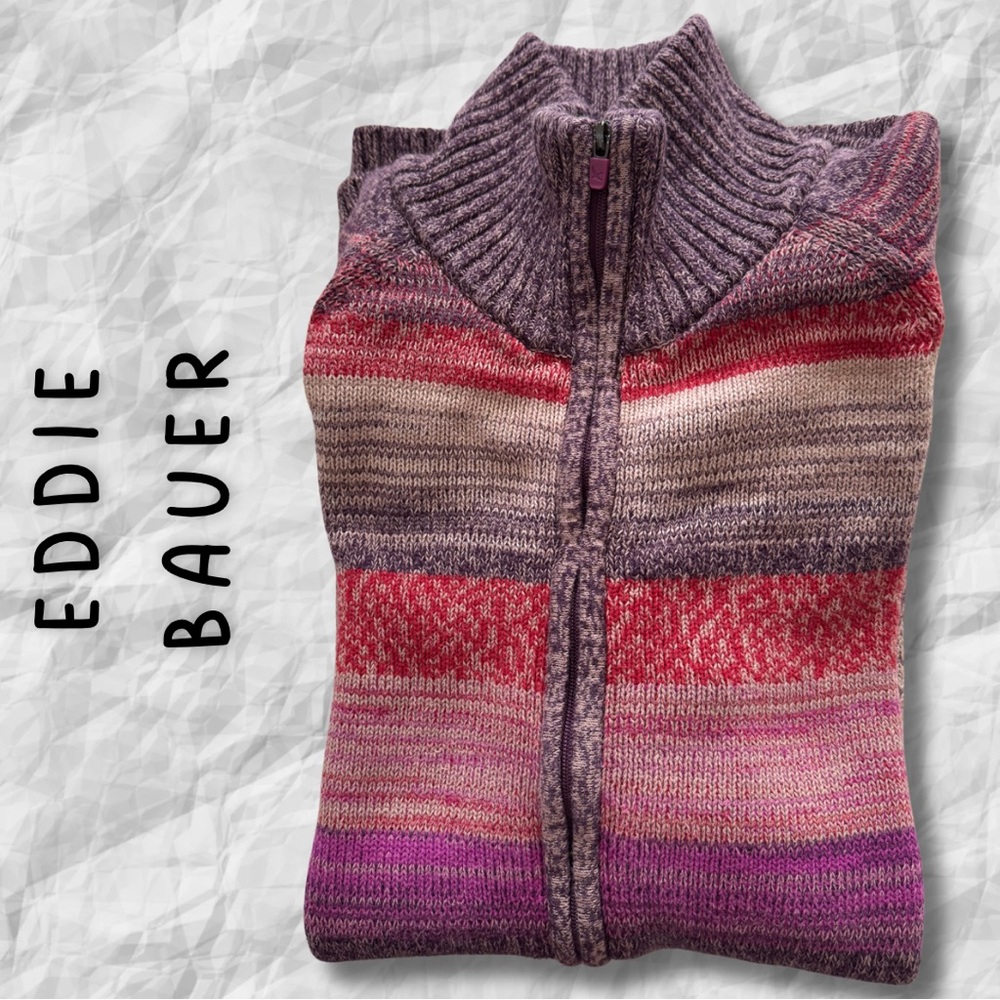 {Eddie Bauer}   COTTON Front Zipped Striped Purple and Pink Sweater